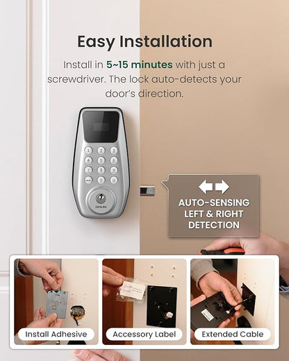 DESLOC C100 Keyless Entry Door Lock with Handle Set, Smart Deadbolt Lock for Front Door with 2 Keys, Auto Lock, 100 PIN Codes, Passage Mode, IP54 Waterproof, 12 Months Battery, Sliver