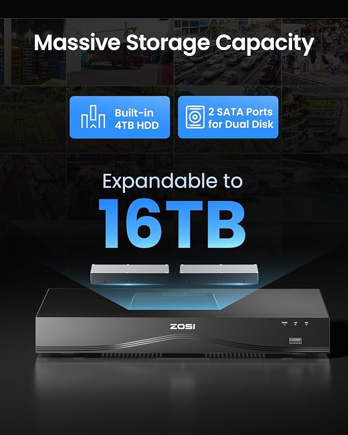 ZOSI C220 4K 8MP 16CH POE NVR Security Camera System (32CH Expandable), 16 x 8MP PoE IP Cameras Outdoor Indoor, 24/7 Recording, AI Human/Vehicle/Face Detection, Two-Way Talk, Night Vision, 4TB HDD