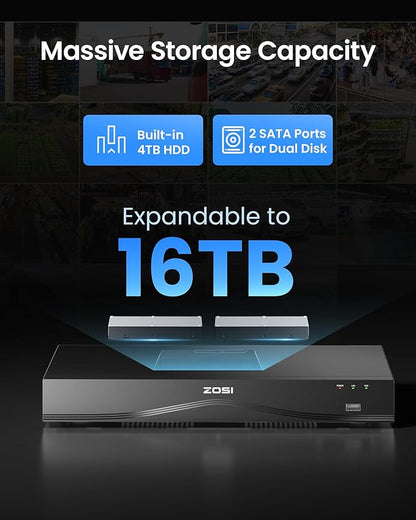 ZOSI C220 4K 8MP 16CH POE NVR Security Camera System (32CH Expandable), 8 x 8MP PoE IP Cameras Outdoor Indoor, 24/7 Recording, AI Human/Vehicle/Face Detection, Two-Way Talk, Night Vision, 4TB HDD