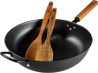 Oster Dunwood 3 Piece Carbon Steel Wok, 13.8” PFAS-Free Stir Fry Pan with Wooden Spatulas, High Heat, Oven & Stovetop Safe