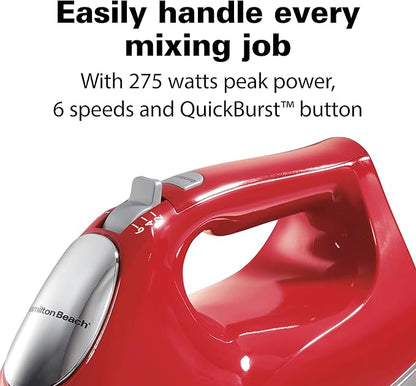 Hamilton Beach 6-Speed Electric Hand Mixer with Whisk, Traditional Beaters, Dough Hooks, Snap-On Storage Case, 275 Watts, Red