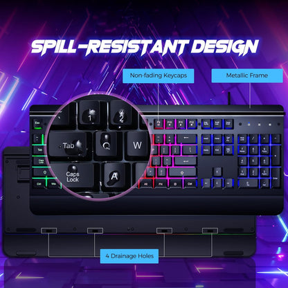 RisoPhy Gaming Keyboard, 104 Keys All-Metal Panel, Rainbow LED Backlit Silent Computer Keyboard, Wrist Rest, Multimedia Keys, Anti-Ghosting, Waterproof Light Up Wired Keyboard for PC Mac Gamer