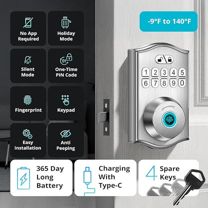 Keypad & Fingerprint Keyless Entry Front Door Lock with Handle Set, Digital Electronic Deadbolt Code Lock for Exterior Door, Auto Lock, One Time Code, Anti Peeping, Holiday & Silent Mode