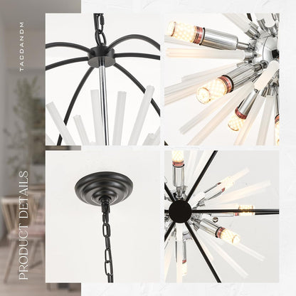 23.6" Black Chrome 12-Light Globe Sputnik Chandelier Modern Adjustable Hanging Ceiling Glass Tube Pendant Light Fixture for Entryway Foyer Staircase Dining Living Room Hallway