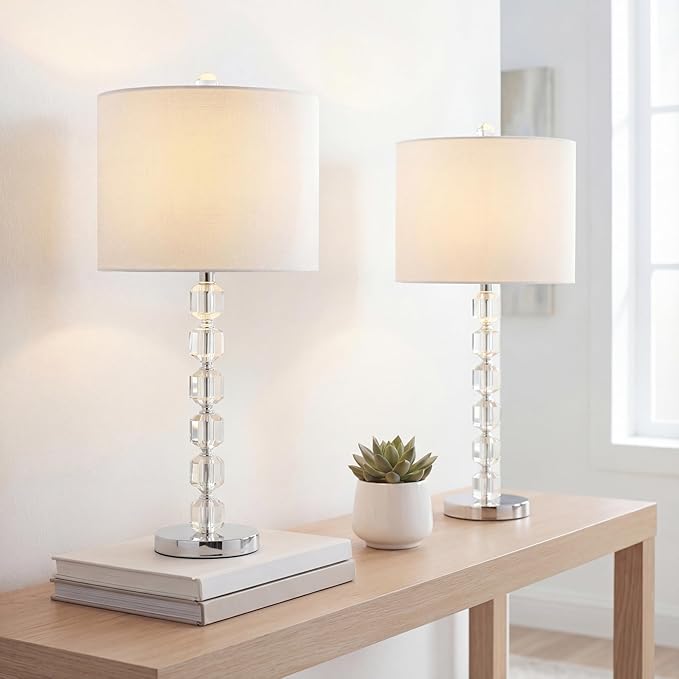 JONATHAN Y 27.5" Chrome Modern Stacked Crystal Table Lamp Set of 2 for Living Room Bedroom, Glam Bedside Nightstand Lamps, White Linen Shade, LED Bulbs Included, UL Listed JYL5053A-SET2