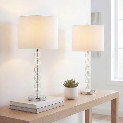 JONATHAN Y 27.5" Chrome Modern Stacked Crystal Table Lamp Set of 2 for Living Room Bedroom, Glam Bedside Nightstand Lamps, White Linen Shade, LED Bulbs Included, UL Listed JYL5053A-SET2