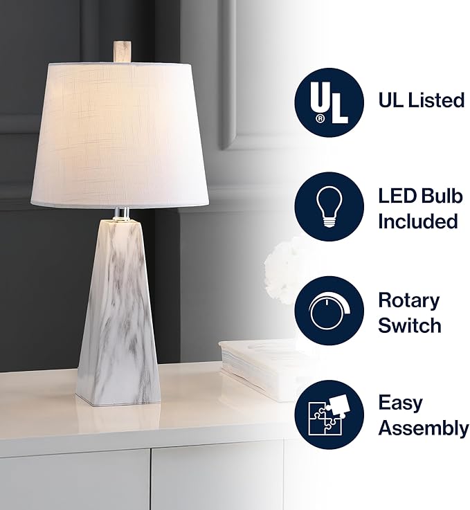 JONATHAN Y 20.5" White Marble Finish Modern Resin Table Lamp for Bedroom Living Room, Contemporary Faceted Bedside Lamp with White Linen Shade, LED Bulb Included JYL1037A