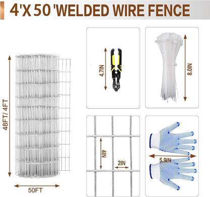 Tongmo 4 ft x 50 ft Galvanized Welded Wire Fence, 16GA Garden Chicken Wire Fence Roll, Mesh Size 2" x 4"Hardware Cloth, Ideal for Yard Protection and Poultry Netting