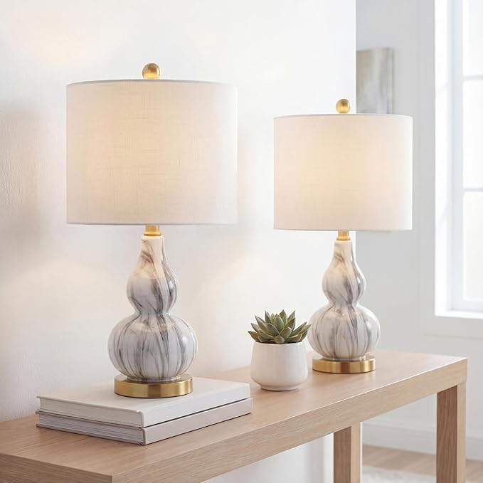 JONATHAN Y 20.5" Black/White Glass Table Lamp, Modern Gourd Bedside Nightstand Lamp for Bedroom, Living Room, White Linen Shade, LED Bulb Included (JYL1028D-SET2)