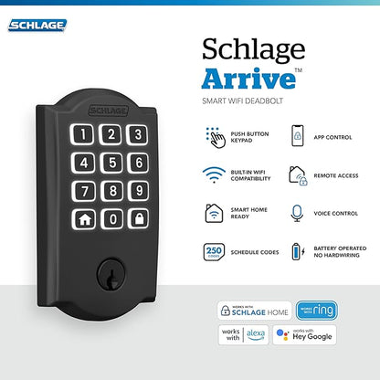 Schlage Arrive WiFi Deadbolt Smart Lock, Keyless Entry Door Lock with Camelot Trim, Matte Black, Compatible with Alexa and Google, BE459WB CAM 622