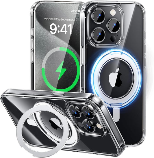 MAGIC JOHN for iPhone 15 Pro Max Case 360° Rotatable Magnetic Invisible Stand, Fit for MagSafe 15 Pro Max Phone Case, 16FT Military Grade Shockproof for iPhone 15 Pro Max Case with Kickstand, Clear