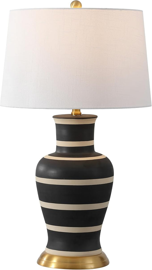JONATHAN Y 29" Black/Beige Traditional Ceramic Urn LED Table Lamp for Bedroom Decor, White Linen Drum Shade, Classic Nightstand Lamp for Living Room, LED Bulb Included (JYL4026J)