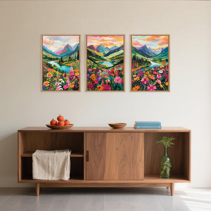 Wildflower Blossom Framed Canvas Wall Art Set, Colorful Flowers Painting, Abstract Landscape Wall Decor, Natural Ridge Floral Art Print for Living Room, Dining Room, Office - 16"x24"x3