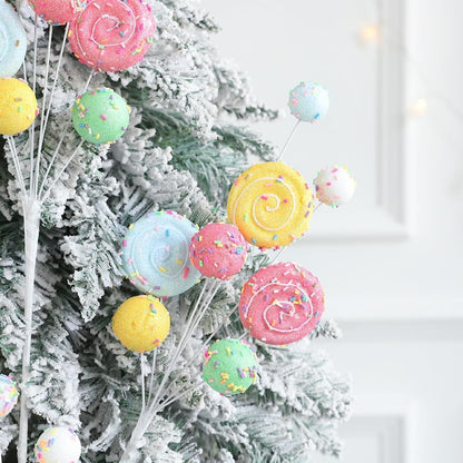 2Pcs Christmas Tree Picks Branch Decorations Macaron Topper Ornaments Candy Spray Picks Twigs Stems for Xmas Wreath Decoration New Year Party