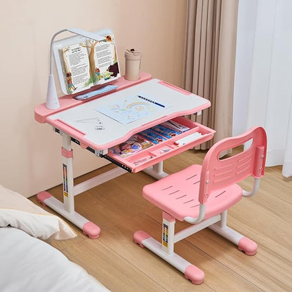 VEVOR Kids Study Desk and Chair Set, Learning Table and Chair for Kids with Table Lamp, Adjustable Height & 0-40° Tilted Desktop Toddler Desk and Chair, Table for Bedroom & Study Room, Pink