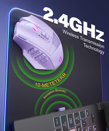UtechSmart Venus Pro Wireless MMO Gaming Mouse, 16,000 DPI Optical Sensor, Wired/Wireless Dual Modes, 16M Chroma RGB Lighting, 16 Programmable Buttons, Ergonomic Design, Up to 70H, Purple