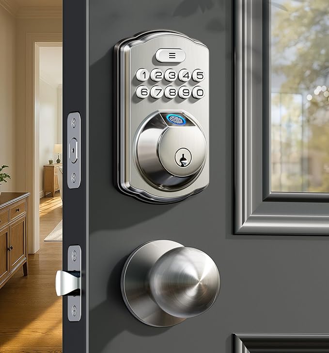 Veise Fingerprint Door Lock with 2 Knobs - Keyless Entry Door Lock with Handle, Electronic Keypad Deadbolt, Smart Front Handle Set, Auto-Locking, Waterproof, Easy Installation, Satin Nickel