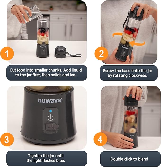 Nuwave Portable Blender for Shakes and Smoothies, On-the-GO Personal Blender with USB-C Rechargeable, 6-Piece-Blade for Crushing Ice, BPA Free 16 Oz Tritan Jar for Travel, Office and Sports