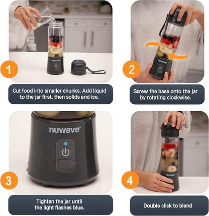 Nuwave Portable Blender for Shakes and Smoothies, On-the-GO Personal Blender with USB-C Rechargeable, 6-Piece-Blade for Crushing Ice, BPA Free 16 Oz Tritan Jar for Travel, Office and Sports