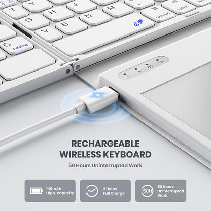 Foldable Bluetooth Keyboard, Portable Full Size Folding Keyboard with Large Touchpad, Numeric Keypad, PU Leather, Wireless Travel Keyboard for Windows Android Mac(White)