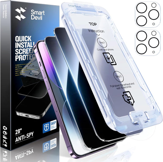 SMARTDEVIL 2+2Pack Privacy Screen Protector for iPhone 14 Pro Max with Camera Lens Protector,Shatterproof Tempered Glass [True 28°Anti Spy][9H Hardness][Auto Dust-Elimination Install][Bubble Free]