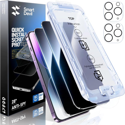 SMARTDEVIL 2+2Pack Privacy Screen Protector for iPhone 14 Pro with Camera Lens Protector,Shatterproof Tempered Glass [True 28°Anti Spy] [9H Hardness] [Automatic Dust-Elimination Install][Bubble Free]