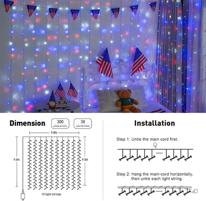 JMEXSUSS 300LED Red White and Blue Lights with Remote, 4th of July Lights Plug in, Patriots Curtain Hanging String Lights for Bedroom Wall Window Backdrop Indoor Outdoor 4th of July Decor, 9.8x9.8ft