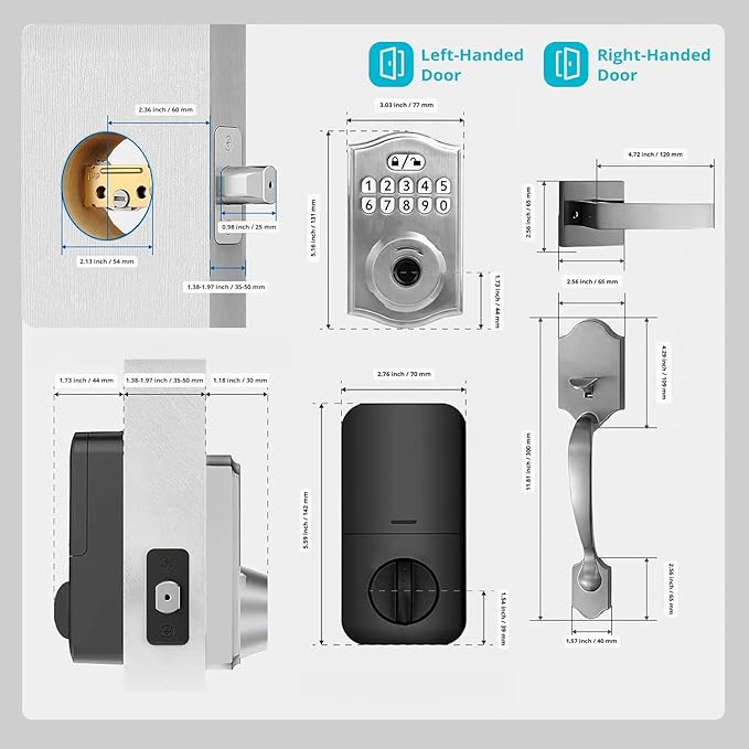 Keypad & Fingerprint Keyless Entry Front Door Lock with Handle Set, Digital Electronic Deadbolt Code Lock for Exterior Door, Auto Lock, One Time Code, Anti Peeping, Holiday & Silent Mode