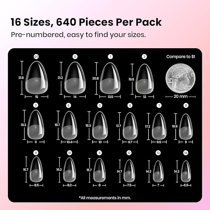 Beetles Gel Almond Nail Tips Short, Curve-EX 640pcs 16 Sizes, Etch-X Half Matte Full Cover Soft Acrylic False Press on Nail Tips Easy DIY Nail Extension Art Salon for Curved & Natural Nail Beds