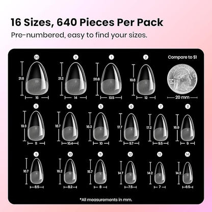 Beetles Gel Almond Nail Tips Short, Curve-EX 640pcs 16 Sizes, Etch-X Half Matte Full Cover Soft Acrylic False Press on Nail Tips Easy DIY Nail Extension Art Salon for Curved & Natural Nail Beds