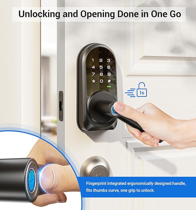Veise RZ09 Smart Lock, 7-in-1 Keyless Entry with Handle Set, APP Control Fingerprint Deadbolt for Front Door, Electronic Digital Locks with Keypad, Matte Black