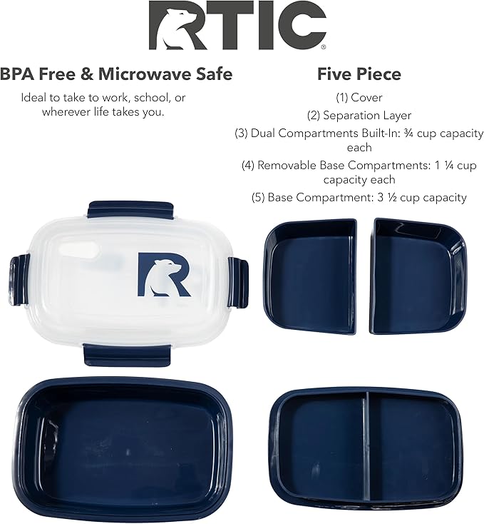 RTIC 5 Compartment Lunch Containers, Hot Food Container with Lid for Adults, Microwave Safe Divided Snack Lunch Box for Work or Travel, Reusable, BPA Free with Vent Space