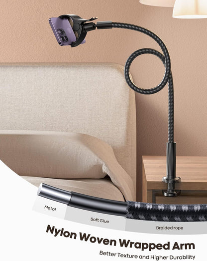 Lamicall Gooseneck Phone Holder Bed - [Nylon Braided] Flexible Arm, 38inch Overall Length, 360 Adjustable Clamp Clip, Overhead Cell Phone Mount Stand for Bed, Desk, 4-7” Cellphone
