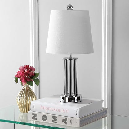 JONATHAN Y 18" Chrome Lillian Metal Mini LED Table Lamp, Modern Transitional Tri-Pillar Iron Bedside Lamp for Living Room Bedroom, White Linen Shade, LED Bulb Included JYL2025A