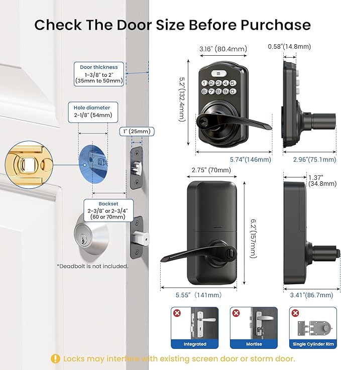 Veise Keypad Door Lock with Handle, Keyless Entry for Front Door & Bedroom, Electronic Lock with Code, Auto-Locking, Easy Installation, Passage Mode, Matte Black