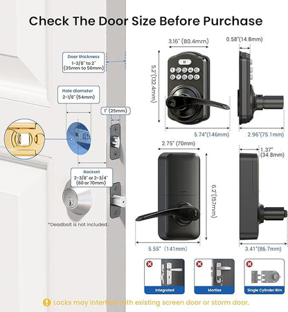 Veise Keypad Door Lock with Handle, Keyless Entry for Front Door & Bedroom, Electronic Lock with Code, Auto-Locking, Easy Installation, Passage Mode, Matte Black