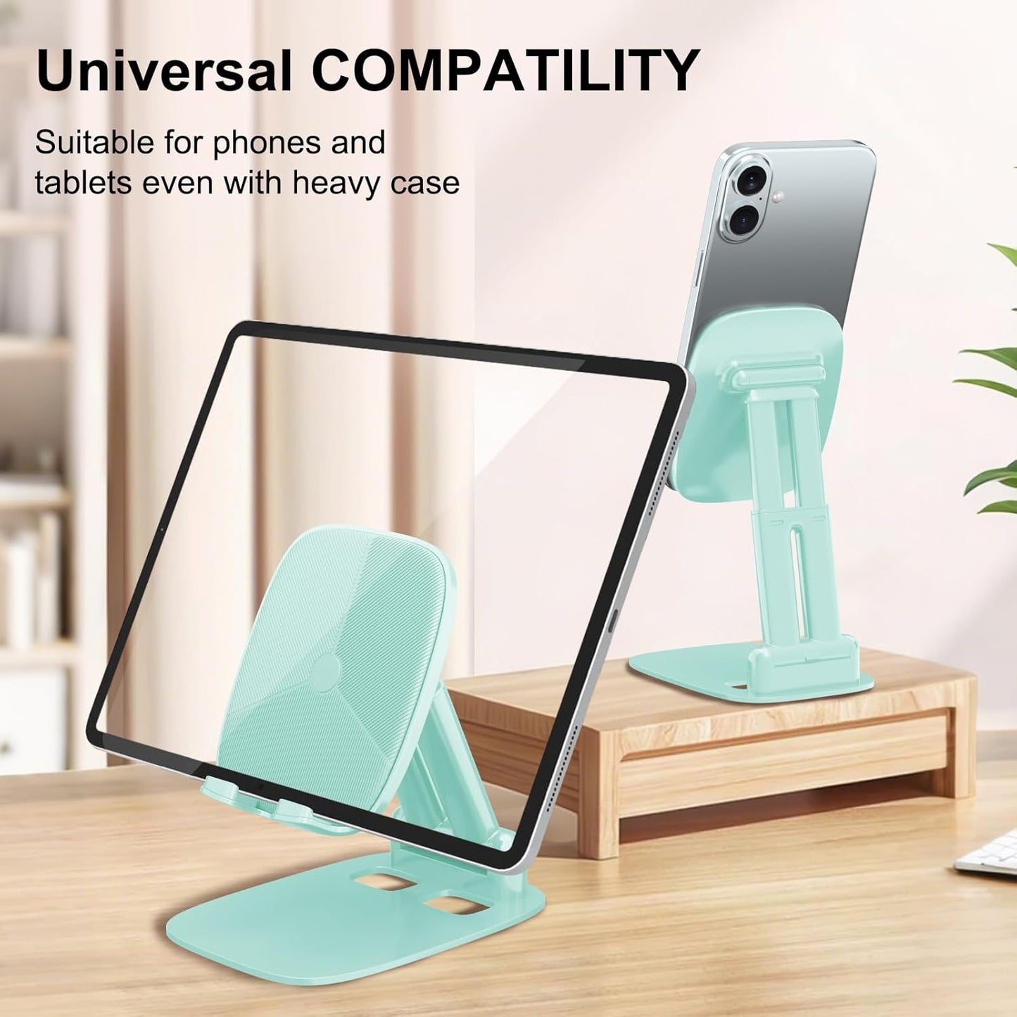 DEERLAMN Cell Phone Stand for Desk,Height Adjustable Cell Phone Holder Portable Desktop Stand, Travel Home Office Desk Accessories Compatible with iPhone 16/15/14/13/12/11 All Smartphone - Light Green