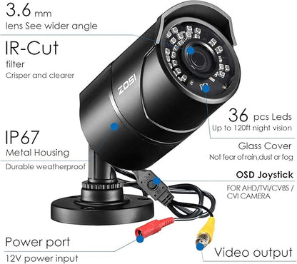 ZOSI 2.0MP HD 1080P 1920TVL Hybrid 4 in 1 TVI/CVI/AHD/CVBS Indoor Outdoor Home Security Cameras Weatherproof,120ft Night Vision,Aluminum Metal Housing,For 960H,720P,1080P,5MP,4K analog CCTV DVR