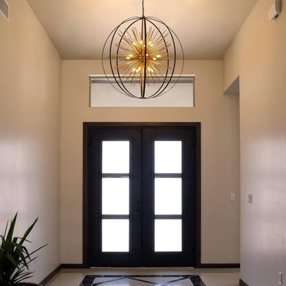 43.3" Black Gold 18-Light Globe Sputnik Chandelier Modern Adjustable Hanging Ceiling Firework Pendant Light Fixture for Entryway Foyer Stairway Kitchen Dining Living Room Hallway