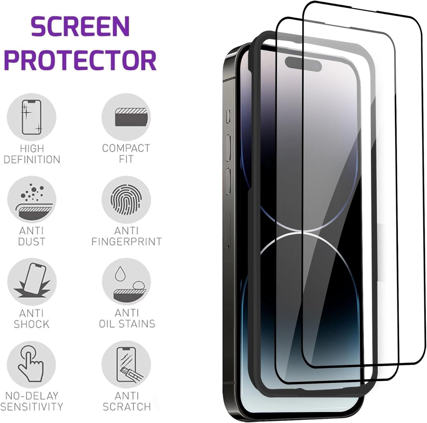 For iPhone 14 Pro Max Screen Protector Tempered Glass [Black Edge] Compatible with Apple Dynamic Island (2 Pack)
