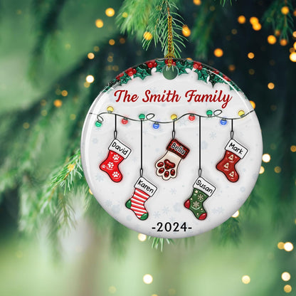 Stocking Personalized Family Christmas Ceramic Ornament 2025-3D Inflated Effect Custom Name Hanging Stock up to 10 Members, First Xmas as A Family Ornament Gifts (A04, 6 Names)