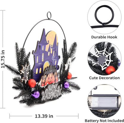Lighted Halloween Wreaths for Front Door, Welcome Metal Wooden Door Wreath Decor Hanging Sign, 30 LED Lighted Wall Decor Battery Operated for Halloween Indoor Outdoor (Spider)
