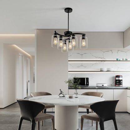 6 Light Modern Farmhouse Chandelier，Black Dining Room Light Fixture，Kitchen Pendant Lights Over Island with Glass Shade