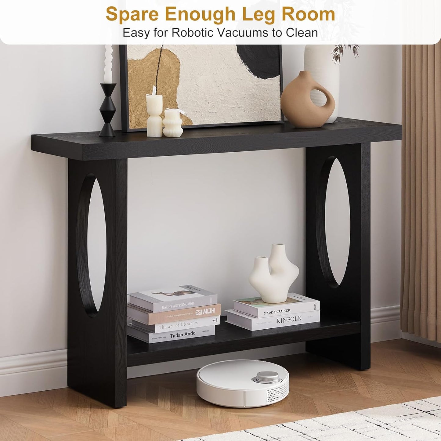BECHAEO 47-Inch Modern Narrow Console Tables with Solid Wood Veneer - 2’’ Thickened Tabletop, 2-Tier Slim Sofa Table Behind Couch, Rectangle Entryway Table for Hallway Living Room, Black Oak