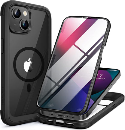 Miracase Glass Series Designed for iPhone 13 Case 6.1 inch, 2023 Upgrade Full-Body Magnetic Clear Bumper Case with Built-in 9H Tempered Glass Screen Protector,Black