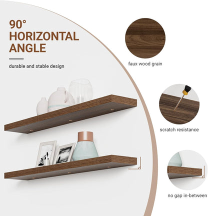 Heimlove Floating Shelves for Wall 48 Inches Long,9.3" Deep Walnut Floating Shelf Set of 2,Wall Mounted Wood Shelves for Bathroom Bedroom Living Room Kitchen Office,Shelf for Books Storage Room Decor