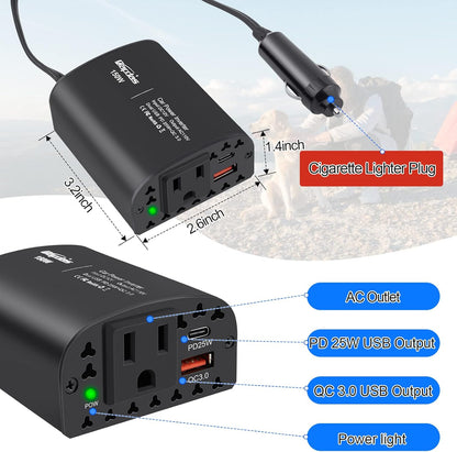 150W Car Power Inverter DC 12V to 110V AC Car Outlet Adapter with PD 25W &QC3.0 USB Ports Laptop Car Charger