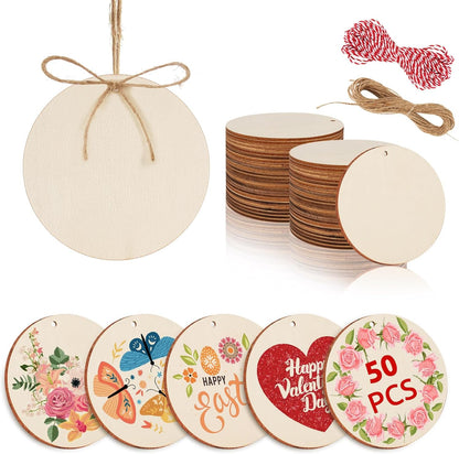 Philorn 50pcs Wooden Ornaments for Crafts 3.5" Unfinished DIY Wooden Christmas Ornaments, Predrilled Wood Slices Circles for Crafts Paint Holiday Hanging Decorations (50pc Rounds)