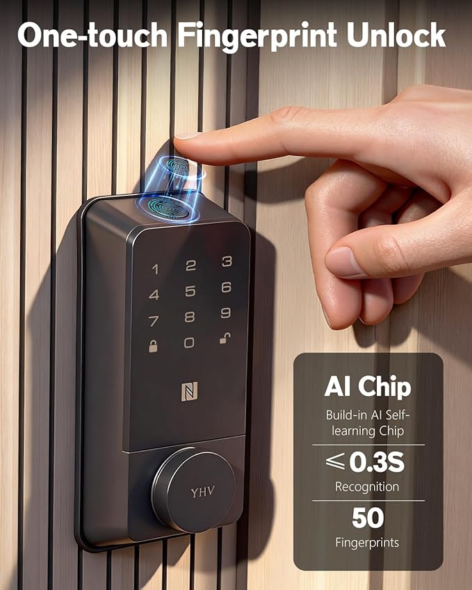 Smart Door Lock with Apple Home Ecosystem Fingerprint Keyless Entry Door Lock Safety Keypad Deadbolt with Code, Built-in Wi-Fi, IP65, Supports Apple Homekit, Alexa, Google for Front Door or Back