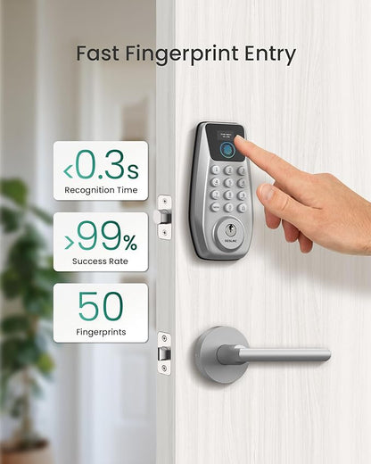 DESLOC C110 Fingerprint Keyless Entry Door Locks, Front Door Smart Lock Deadbolt with 2 Lever Handles,Auto-Lock, Backlit Keypad, 12 Months Battery, lP54 Waterproof, BHMA Grade 3 (Sliver)